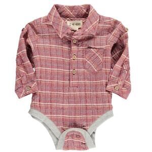 Me & Henry Infant Bodysuit Baby Boy 3-6M Red Brown Plaid Woven 3 Button Shirtzie